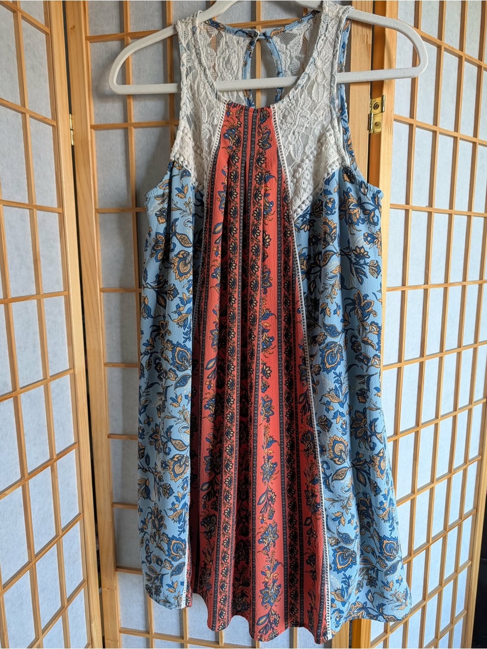 Xhilaration Blue and Coral Paisley Lace-Accent Casual Dress